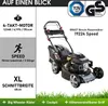 A BRAST lawnmower is shown with feature callouts and certification logos. Produktbild-Vorschau