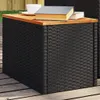 A close-up shot of a black rattan side table with a wooden top, placed on a wooden deck. A white cup and two books are on top of the table. Produktbild-Vorschau