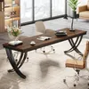 A modern office setting with a large wooden desk, chairs, and a bookshelf. Podgląd zdjęcia produktu