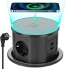 A retractable power strip with USB ports and a wireless charging pad, shown with a smartphone being wirelessly charged. Produktbild-Vorschau