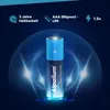 A single AAA battery is shown in the center, surrounded by glowing blue light effects and abstract circular patterns. Produktbild-Vorschau