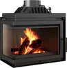 A black fireplace insert with a glass door showing a fire burning inside. Produktbild-Vorschau