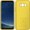 A yellow phone case is shown next to a smartphone with a starry night wallpaper. Produktbild-Vorschau
