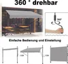 Collage showing a gray awning, a hand operating a crank, and diagrams illustrating the awning's operation. Náhľad obrázku produktu