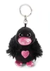 A black plush toy keychain with pink accents, including a heart on its chest and its beak and feet. Voir les images du produit