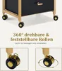 Close-up of a rolling cart's wheels and a description of their features. Produktbild-Vorschau