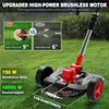 A lawn trimmer on a grassy lawn, with marketing text and comparison graphics. Produktbild-Vorschau