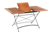 A wooden folding table with extendable leaves and black metal legs, shown from a slightly elevated diagonal angle against a white background. Produktbild-Vorschau