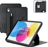 A black tablet case is shown in a studio setting, with a tablet inserted into it. The tablet screen displays colorful graphics and text. Produktbild-Vorschau