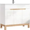 A white bathroom vanity with wood accents and a chrome faucet. Produktbild-Vorschau
