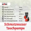A product information graphic with a submersible pump on the right, set against a blurred background of aquatic plants. Produktbild-Vorschau