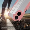 A pink phone case is shown falling onto a rocky surface, with a blurred image of a person running in the background. Produktbild-Vorschau