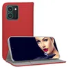 A red bookstyle phone case is shown open, displaying a smartphone with a picture of a woman on the screen.