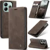 A collage of images showing a brown leather flip phone case for a Xiaomi Redmi Note 14 5G. Produktbild-Vorschau