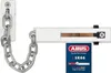 A white security chain lock for a door, with a product label attached. Produktbild-Vorschau