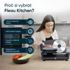 A woman is using a slicer in a kitchen setting, with text highlighting product features. Náhled obrázku produktu