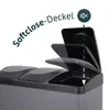 A close-up view of a gray multi-compartment trash can with its lid open, demonstrating a soft-close feature. Produktbild-Vorschau