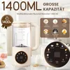 A beige multifunctional nut milk maker is shown with various function icons and text overlays highlighting its features and capacity. Náhľad obrázku produktu
