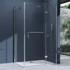 A modern glass shower enclosure with silver fixtures, set against a dark blue wall and a glimpse of an outdoor patio with plants. Produktbild-Vorschau