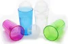 Several colorful plastic cups with lids are arranged on a white background. Two cups are standing upright, one blue and one clear, with their lids open. Two other cups, one pink and one green, are lying on their sides. Produktbild-Vorschau