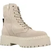 A single beige suede boot with a thick platform sole and laces. Produktbild-Vorschau