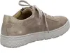A side view of a beige suede sneaker with a textured sole and a gold patterned heel accent. Produktbild-Vorschau