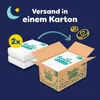 Illustration showing Pampers diapers being shipped in a box, with coins symbolizing value or rewards. Produktbild-Vorschau