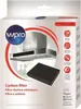 The image shows the packaging of a Wpro carbon filter for a range hood. The packaging features an image of a range hood and the carbon filter itself, along with various icons and text detailing its features and compatibility with different brands. Anteprima dell’immagine prodotto
