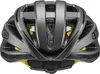 The back view of a gray and black bicycle helmet with yellow accents. Produktbild-Vorschau