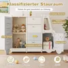 A children's toy storage unit designed in the shape of a bus, with various compartments and drawers, set against a neutral background with decorative elements and text overlays highlighting features. Náhľad obrázku produktu