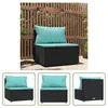 A modular outdoor sofa with turquoise cushions, shown in multiple views against a wooden fence background. Podgląd zdjęcia produktu