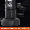 Close-up of the base and lower section of a black stand-up punching bag, with marketing text and graphics highlighting features. Produktbild-Vorschau
