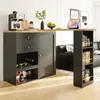 A modern kitchen island with a coffee maker, wine bottles, and a tablet on top, set in a living room. Náhled obrázku produktu