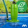 A green submersible pump is shown in a pool, with a green hose attached. A graphic overlay indicates its flow rate. Podgląd zdjęcia produktu