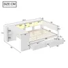 A diagram showing the dimensions of a white bed frame with drawers and LED lighting. Podgląd zdjęcia produktu