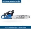 A blue and black chainsaw with a silver bar is shown against a white background. Produktbild-Vorschau
