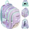 A collage of images showing a purple Pusheen backpack from different angles, including a close-up of the front and a view of the interior. Produktbild-Vorschau