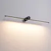 A modern black wall lamp with a long, thin light bar extending horizontally from a cylindrical base, mounted on a light gray wall. Anteprima dell’immagine prodotto