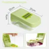 A collage of images showing a multi-functional vegetable slicer, its dimensions, and how it is used. Náhľad obrázku produktu