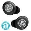 Two black wireless earbuds are shown against a white background. A blue circular badge with text is present on the bottom left. Produktbild-Vorschau