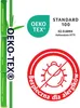 The image displays OEKO-TEX certification logos and symbols related to product safety and allergy-friendliness, along with a graphic of bamboo stalks. Produktbild-Vorschau