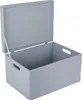 A grey wooden storage box with its lid open, shown against a white background. Produktbild-Vorschau