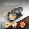 A kitchen mixer with dough in the bowl, shown on a countertop with three circular images below depicting pasta, bread, and pizza. Produktbild-Vorschau