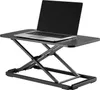 A black laptop sitting on a black height-adjustable desk riser with a scissor-lift mechanism. Anteprima dell’immagine prodotto