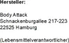 The image shows the manufacturer's contact information for Body Attack. Produktbild-Vorschau