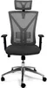 A close-up, front-facing view of a gray ergonomic office chair with a headrest, set against a white background.