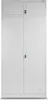 A full-front view of a gray metal cabinet with two doors and a smaller compartment on top. Produktbild-Vorschau
