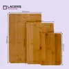Three wooden cutting boards of different sizes are displayed side-by-side, with dimensions indicated by measurement lines and text. Produktbild-Vorschau