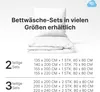 A stack of white bedding with text listing sizes and types of sets. Produktbild-Vorschau