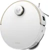 A white robot vacuum cleaner with gold accents is shown from a slightly elevated diagonal angle against a white background. Voir les images du produit